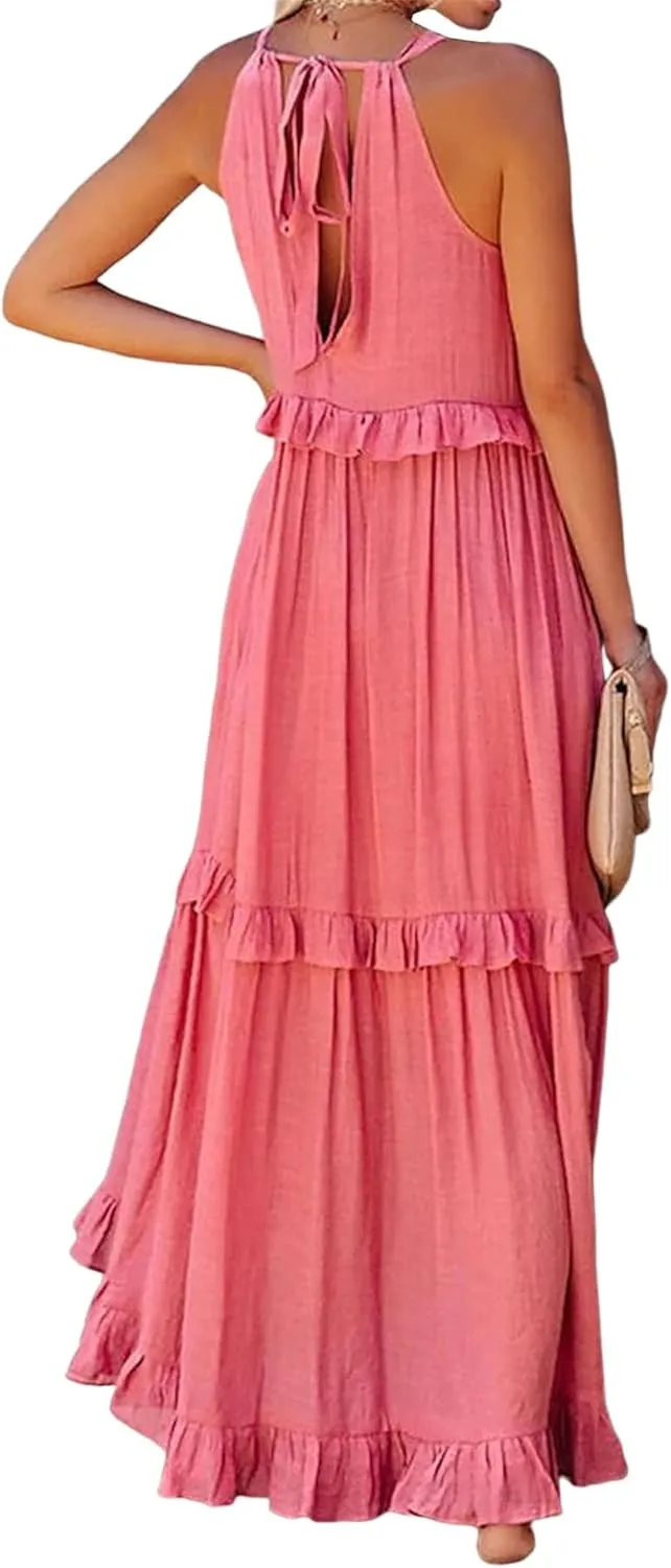 Summer Beach Dresses for Women 2024 Halter Tie Back Maxi Dress Long Tiered Ruffle Dress Sleeveless Flowy Boho Sundress