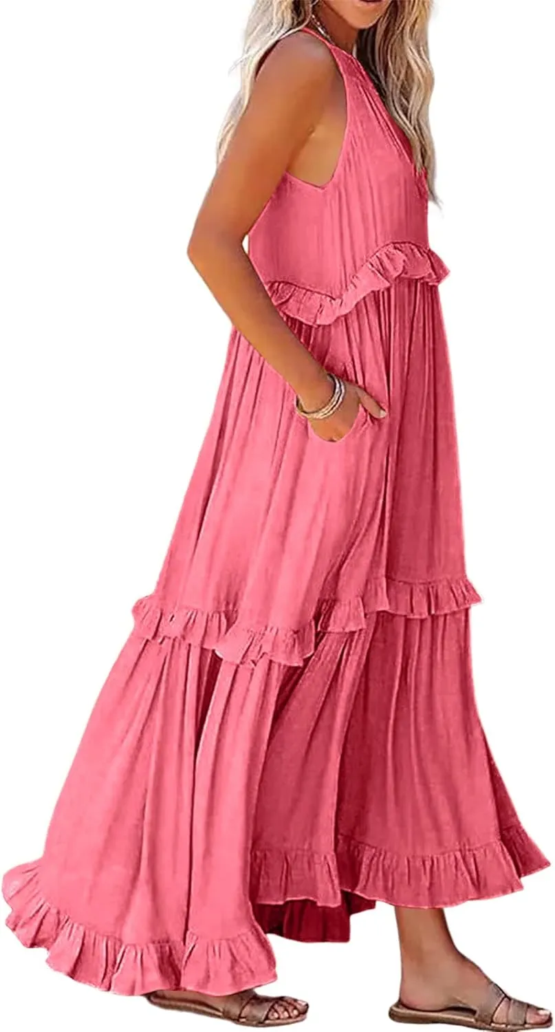 Summer Beach Dresses for Women 2024 Halter Tie Back Maxi Dress Long Tiered Ruffle Dress Sleeveless Flowy Boho Sundress