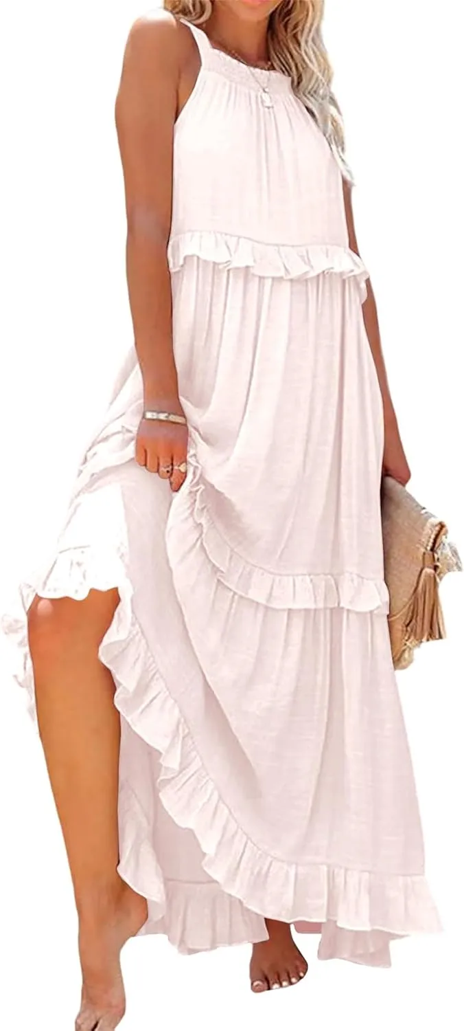 Summer Beach Dresses for Women 2024 Halter Tie Back Maxi Dress Long Tiered Ruffle Dress Sleeveless Flowy Boho Sundress