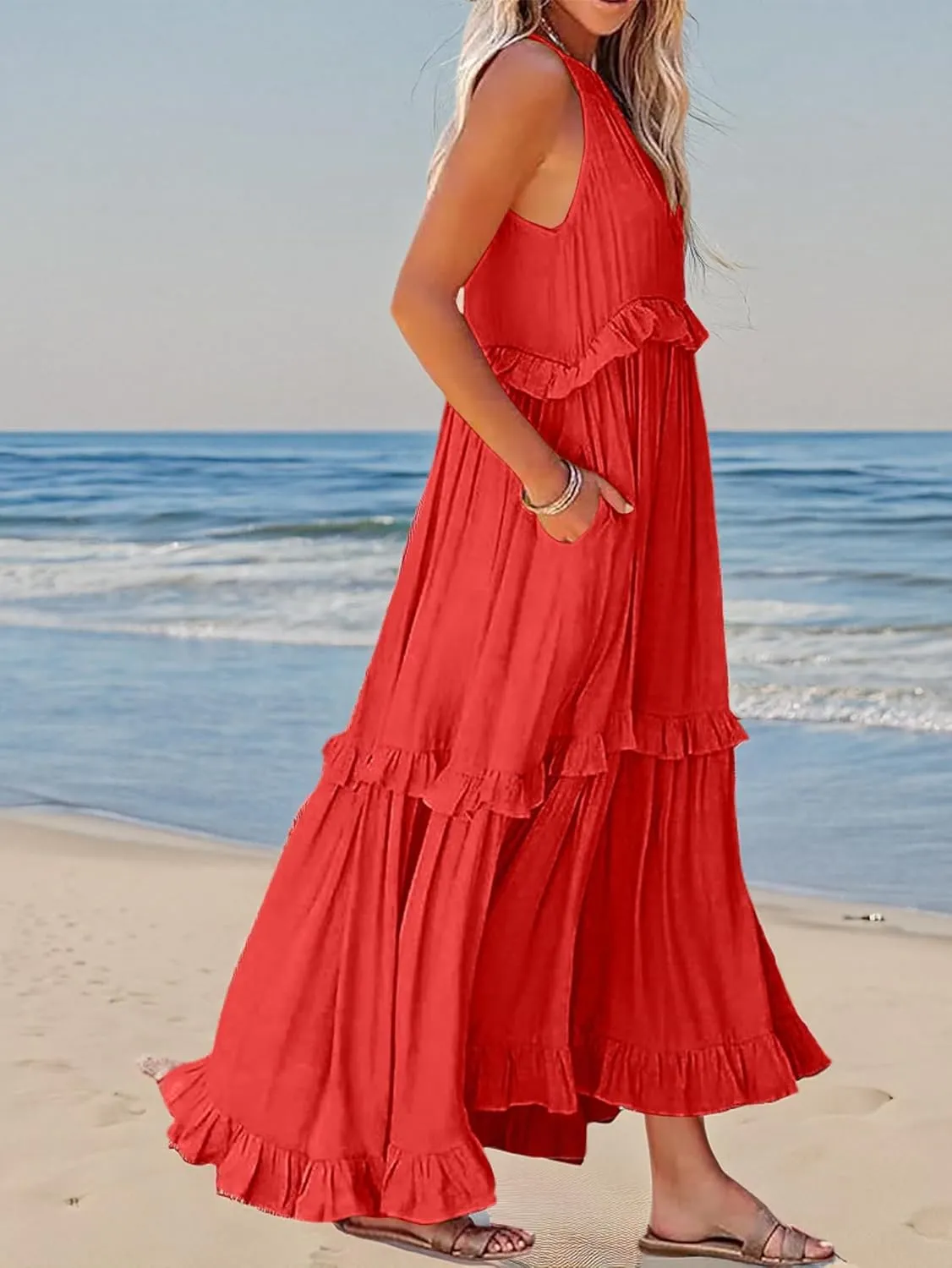 Summer Beach Dresses for Women 2024 Halter Tie Back Maxi Dress Long Tiered Ruffle Dress Sleeveless Flowy Boho Sundress