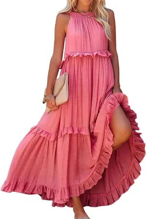 Summer Beach Dresses for Women 2024 Halter Tie Back Maxi Dress Long Tiered Ruffle Dress Sleeveless Flowy Boho Sundress
