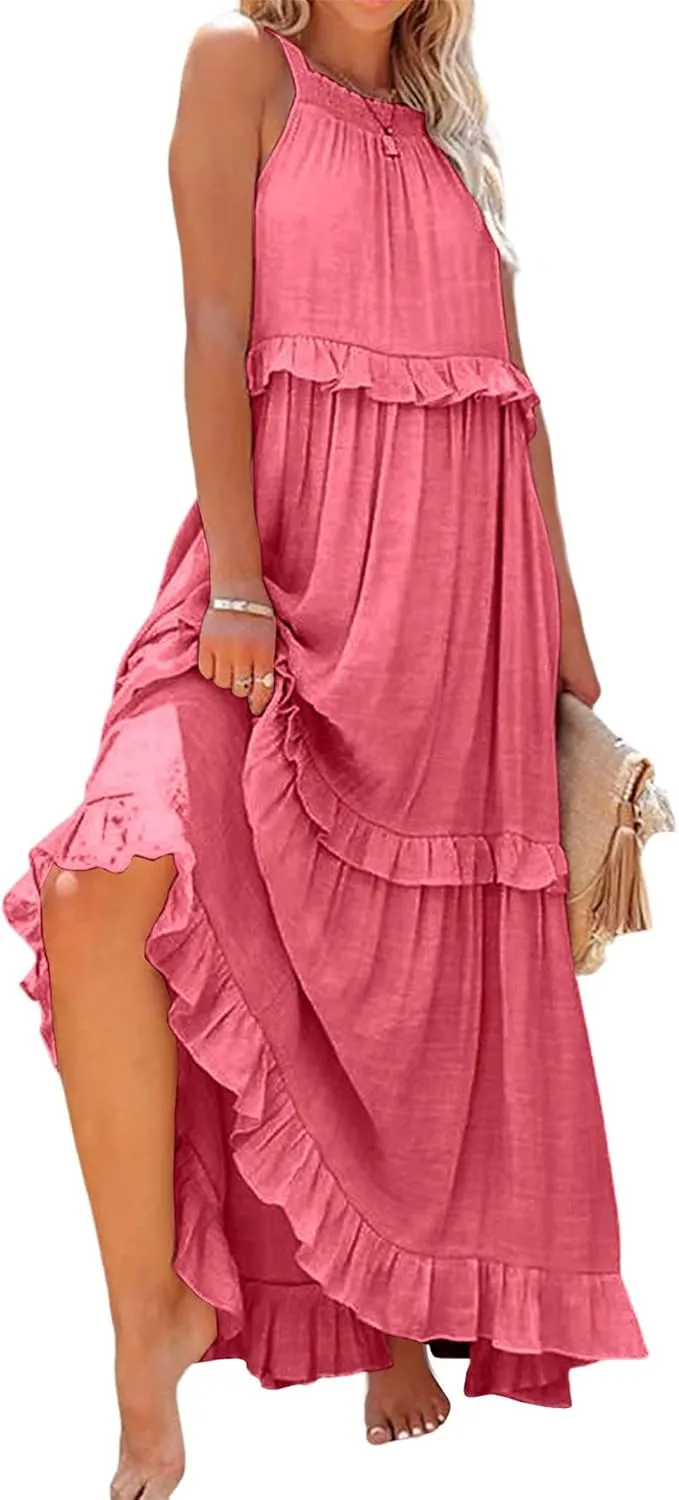 Summer Beach Dresses for Women 2024 Halter Tie Back Maxi Dress Long Tiered Ruffle Dress Sleeveless Flowy Boho Sundress