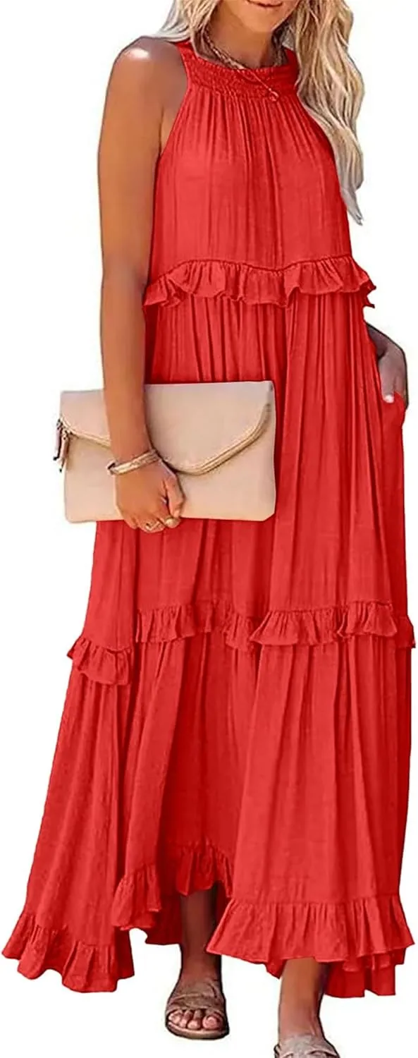 Summer Beach Dresses for Women 2024 Halter Tie Back Maxi Dress Long Tiered Ruffle Dress Sleeveless Flowy Boho Sundress