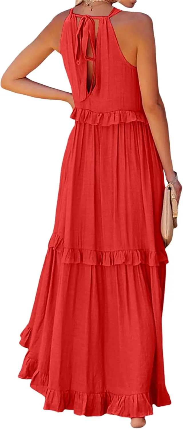 Summer Beach Dresses for Women 2024 Halter Tie Back Maxi Dress Long Tiered Ruffle Dress Sleeveless Flowy Boho Sundress