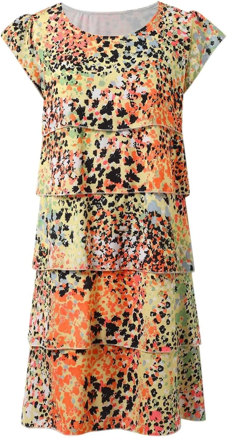 Summer Beach Dresses for Women Floral Chiffon Tiered Skirt Sundresses Cap Sleeve Mini Dress Casual Vacation Outfits 2025