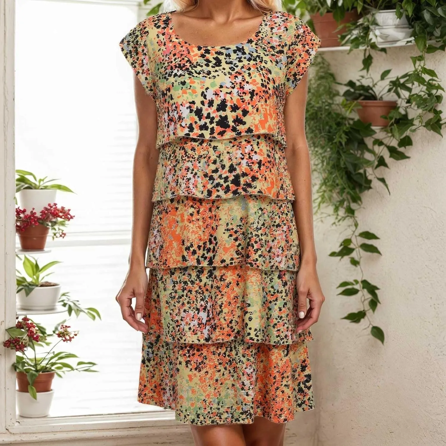 Summer Beach Dresses for Women Floral Chiffon Tiered Skirt Sundresses Cap Sleeve Mini Dress Casual Vacation Outfits 2025