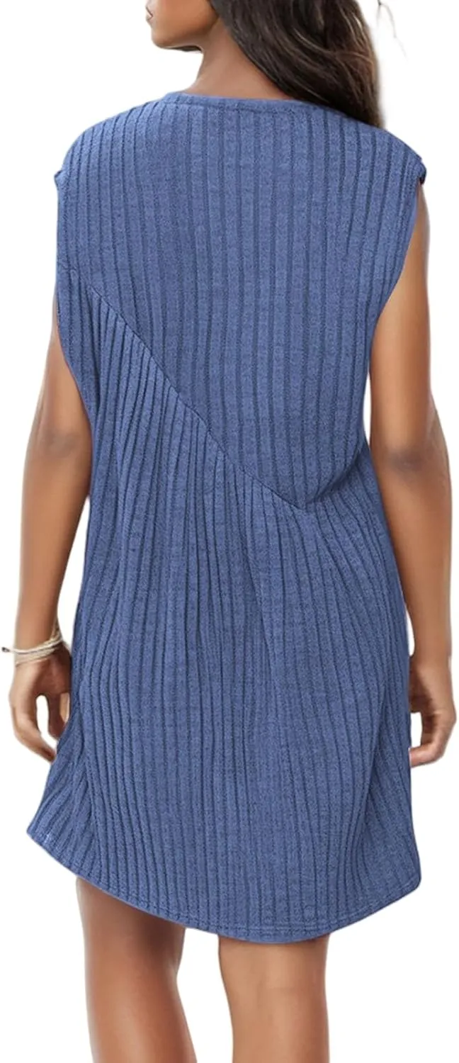 Summer Dresses for Women 2025 Boho Textured Crewneck Sleeveless Dresses Loose Fit Solid Color Casual Sundress