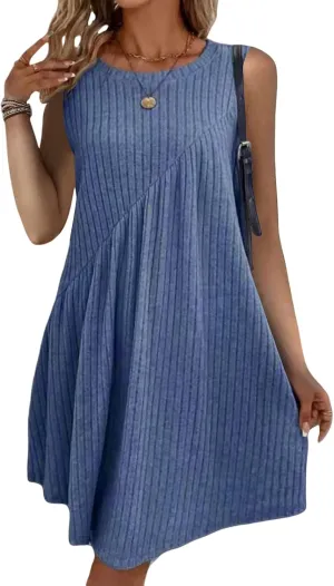 Summer Dresses for Women 2025 Boho Textured Crewneck Sleeveless Dresses Loose Fit Solid Color Casual Sundress