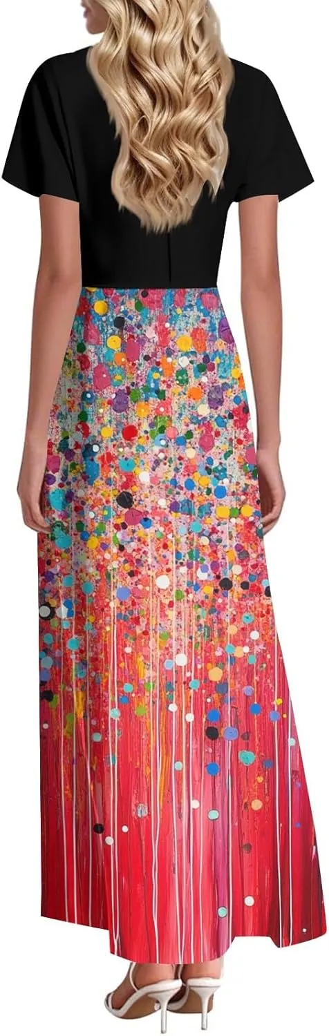 Summer Dresses for Women 2025,Wedding Guest Flowy Women's Casual Dresses Semi Formal Floral Maxi Dress Short Sleeve