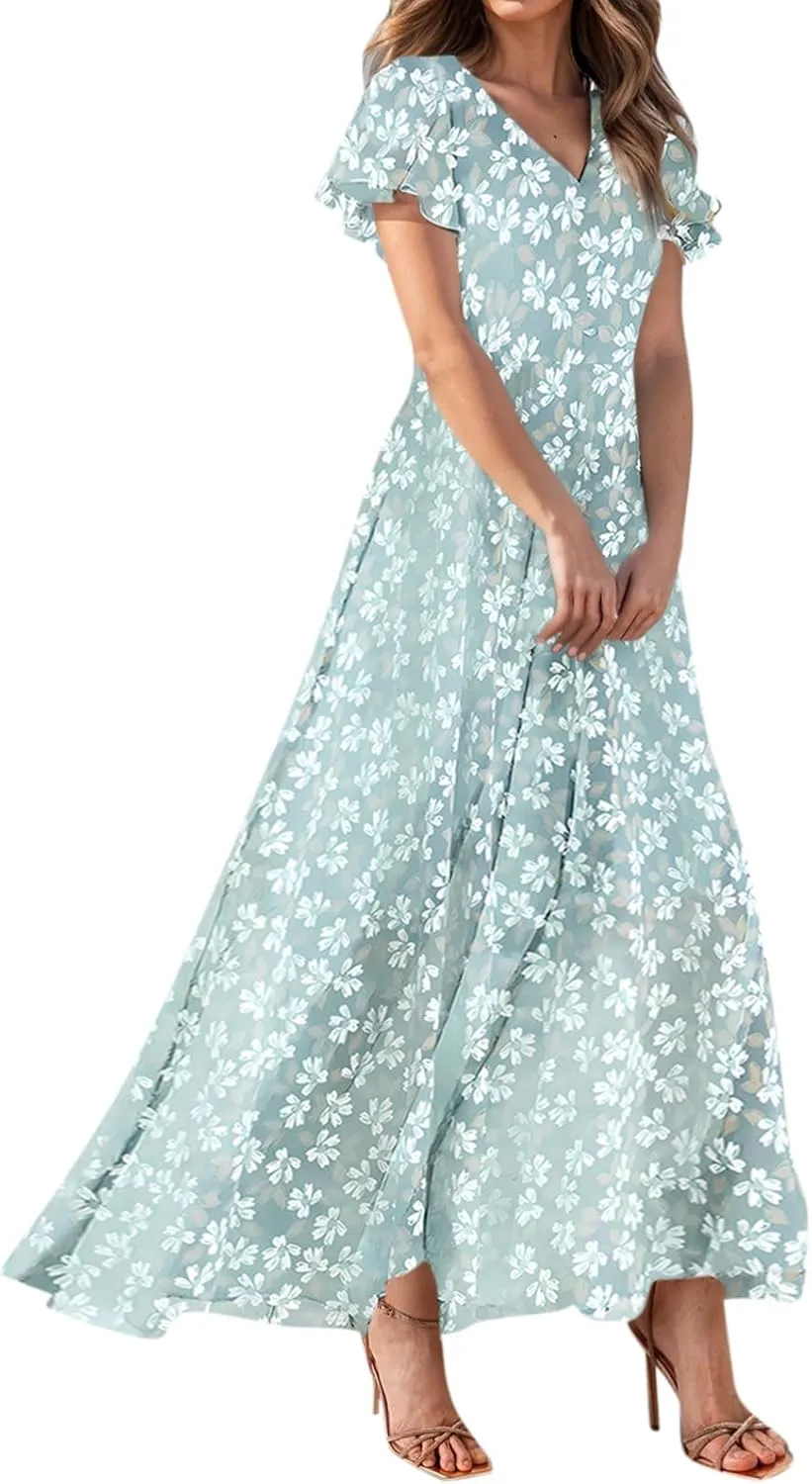 Summer Dresses for Women 2025,Wedding Guest Flowy Women's Casual Dresses Semi Formal Floral Maxi Dress Short Sleeve