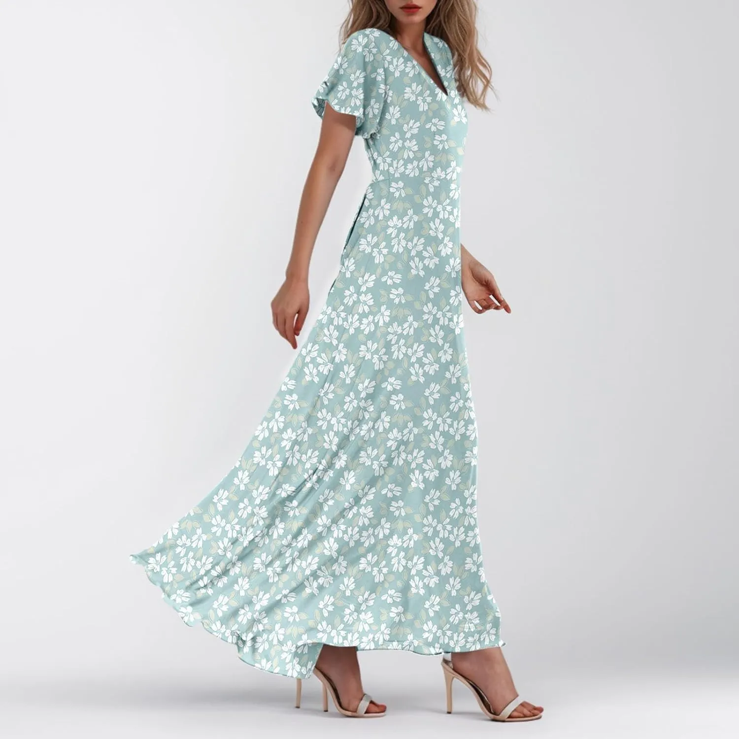 Summer Dresses for Women 2025,Wedding Guest Flowy Women's Casual Dresses Semi Formal Floral Maxi Dress Short Sleeve