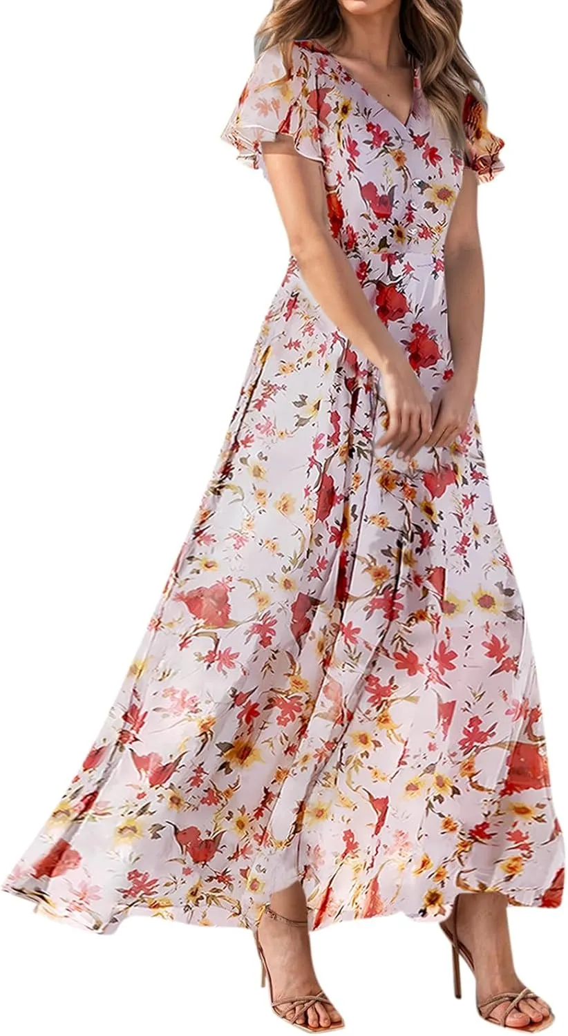 Summer Dresses for Women 2025,Wedding Guest Flowy Women's Casual Dresses Semi Formal Floral Maxi Dress Short Sleeve