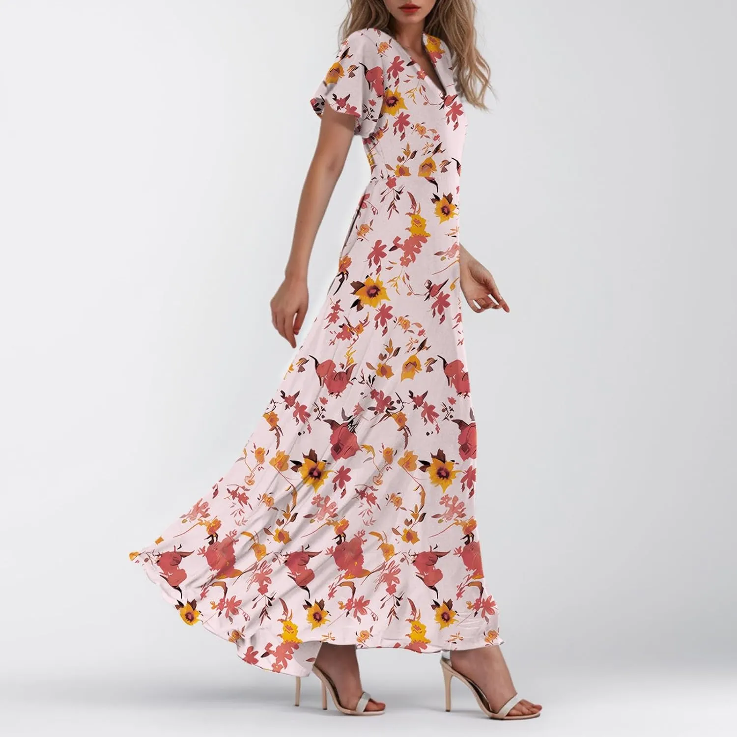 Summer Dresses for Women 2025,Wedding Guest Flowy Women's Casual Dresses Semi Formal Floral Maxi Dress Short Sleeve