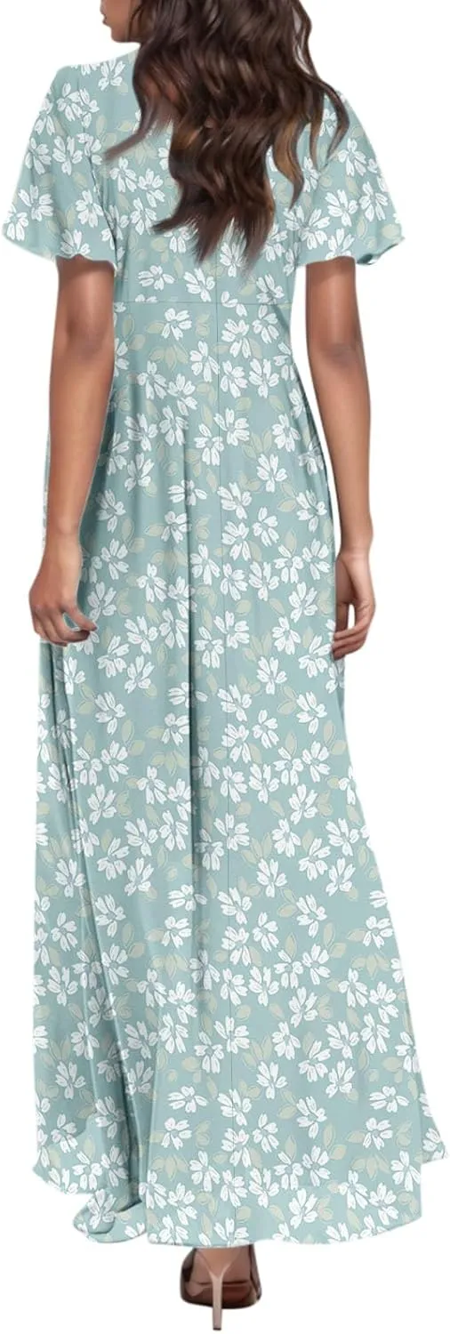 Summer Dresses for Women 2025,Wedding Guest Flowy Women's Casual Dresses Semi Formal Floral Maxi Dress Short Sleeve