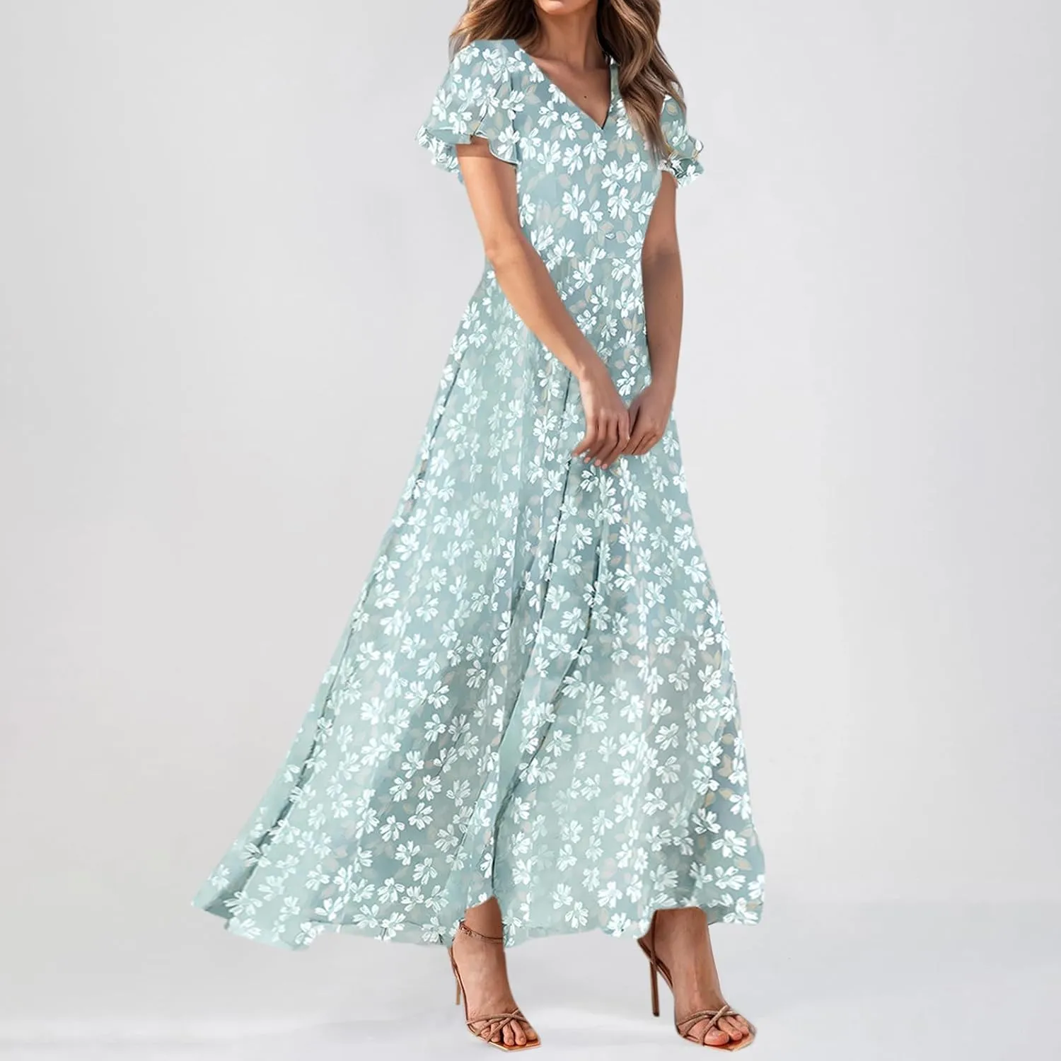 Summer Dresses for Women 2025,Wedding Guest Flowy Women's Casual Dresses Semi Formal Floral Maxi Dress Short Sleeve