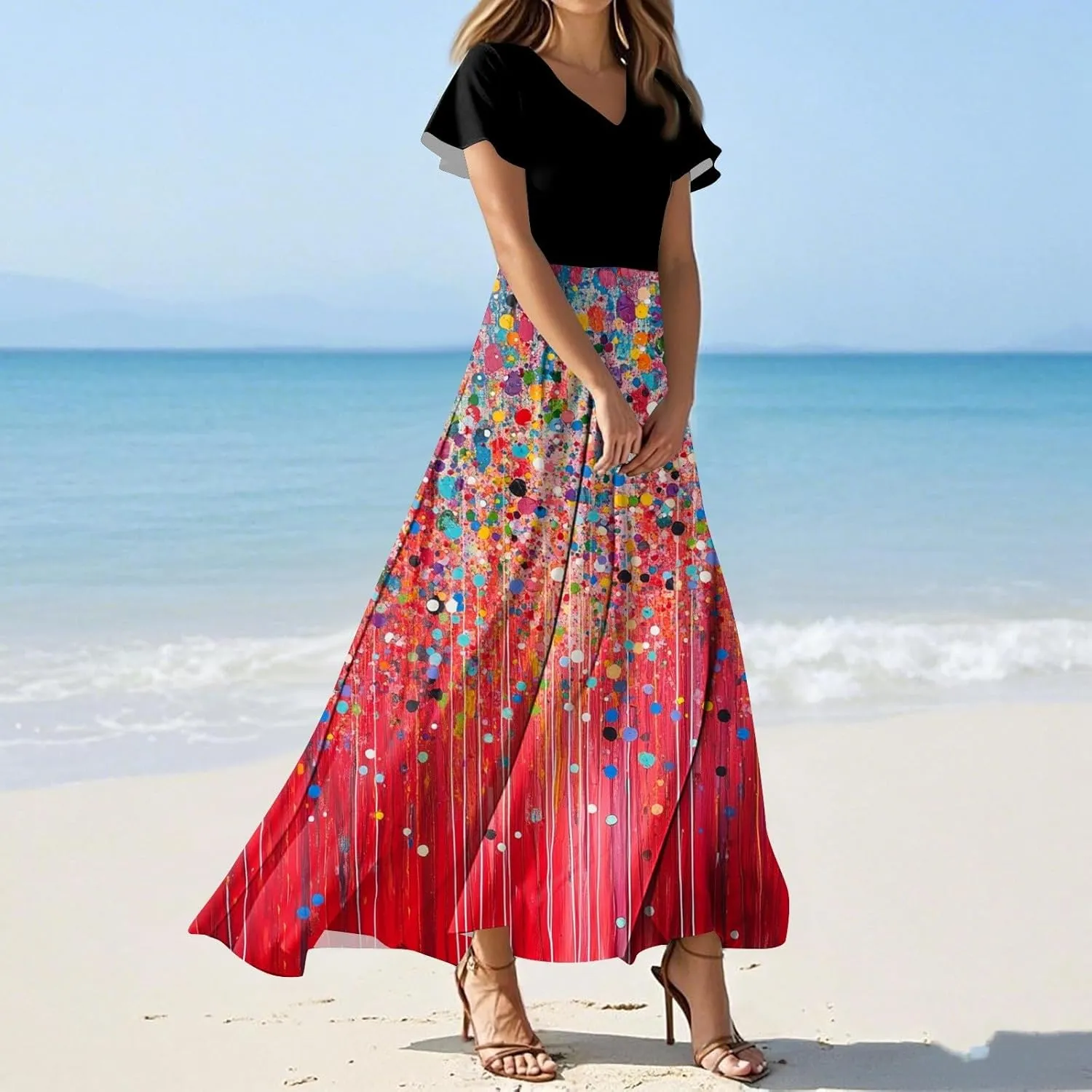 Summer Dresses for Women 2025,Wedding Guest Flowy Women's Casual Dresses Semi Formal Floral Maxi Dress Short Sleeve