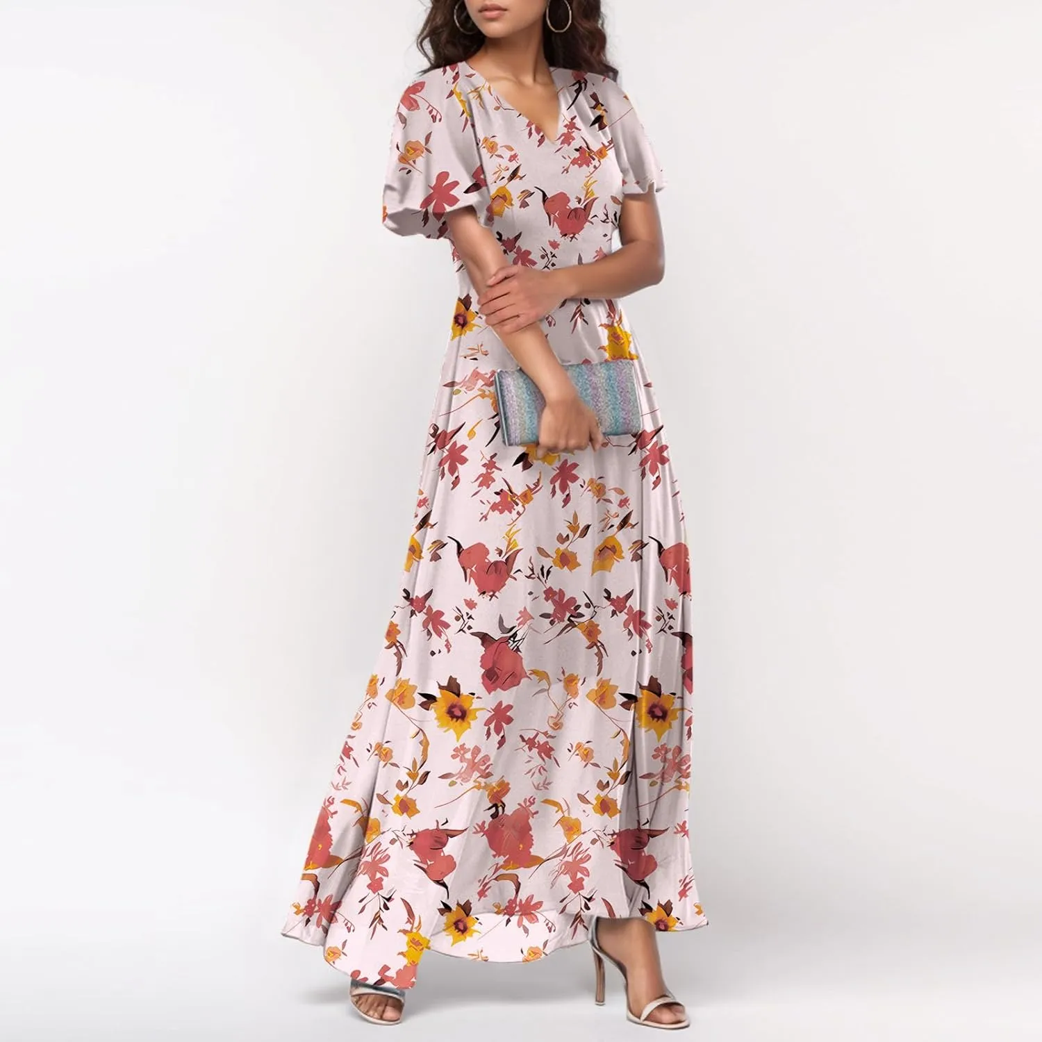 Summer Dresses for Women 2025,Wedding Guest Flowy Women's Casual Dresses Semi Formal Floral Maxi Dress Short Sleeve