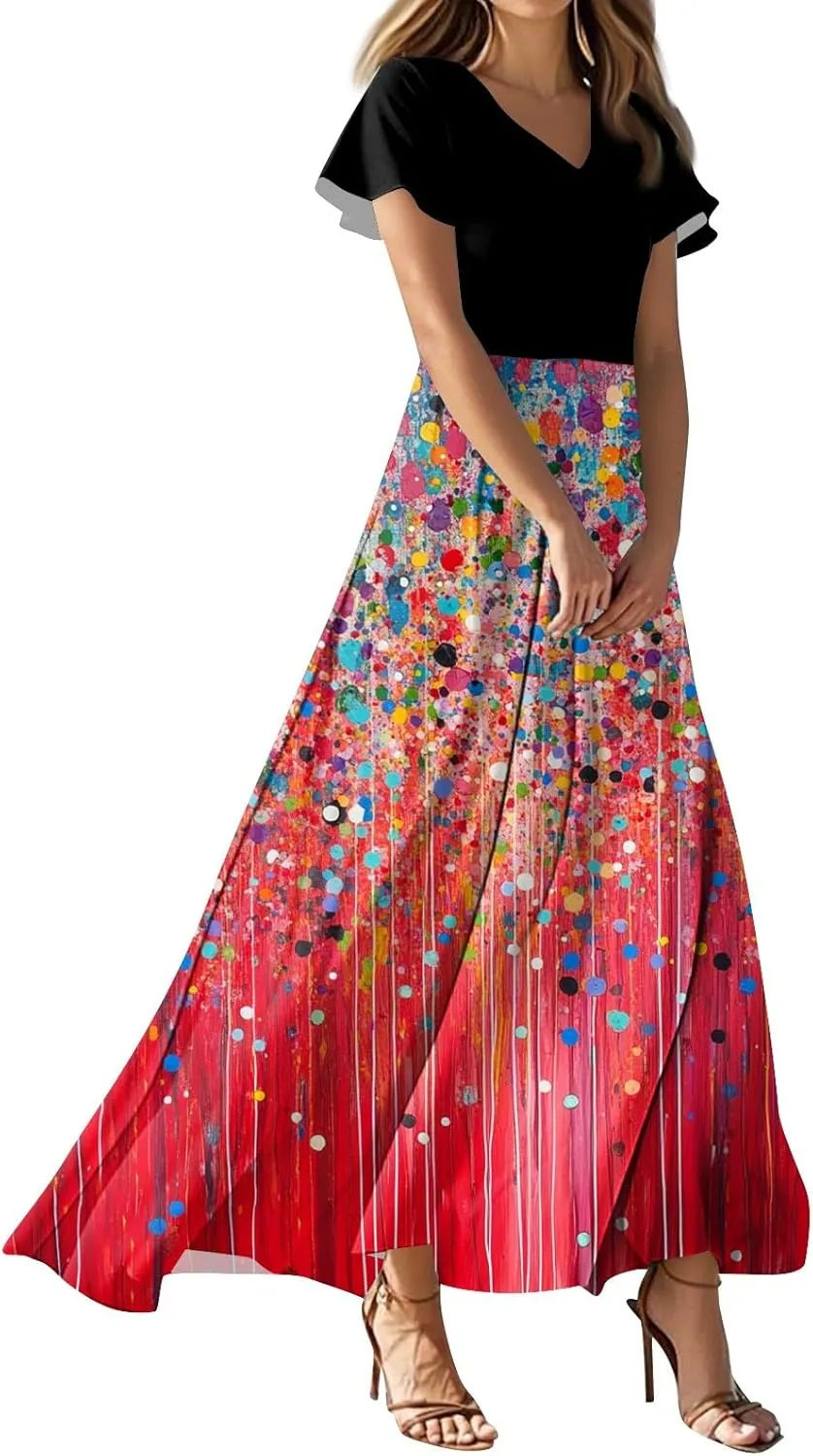 Summer Dresses for Women 2025,Wedding Guest Flowy Women's Casual Dresses Semi Formal Floral Maxi Dress Short Sleeve