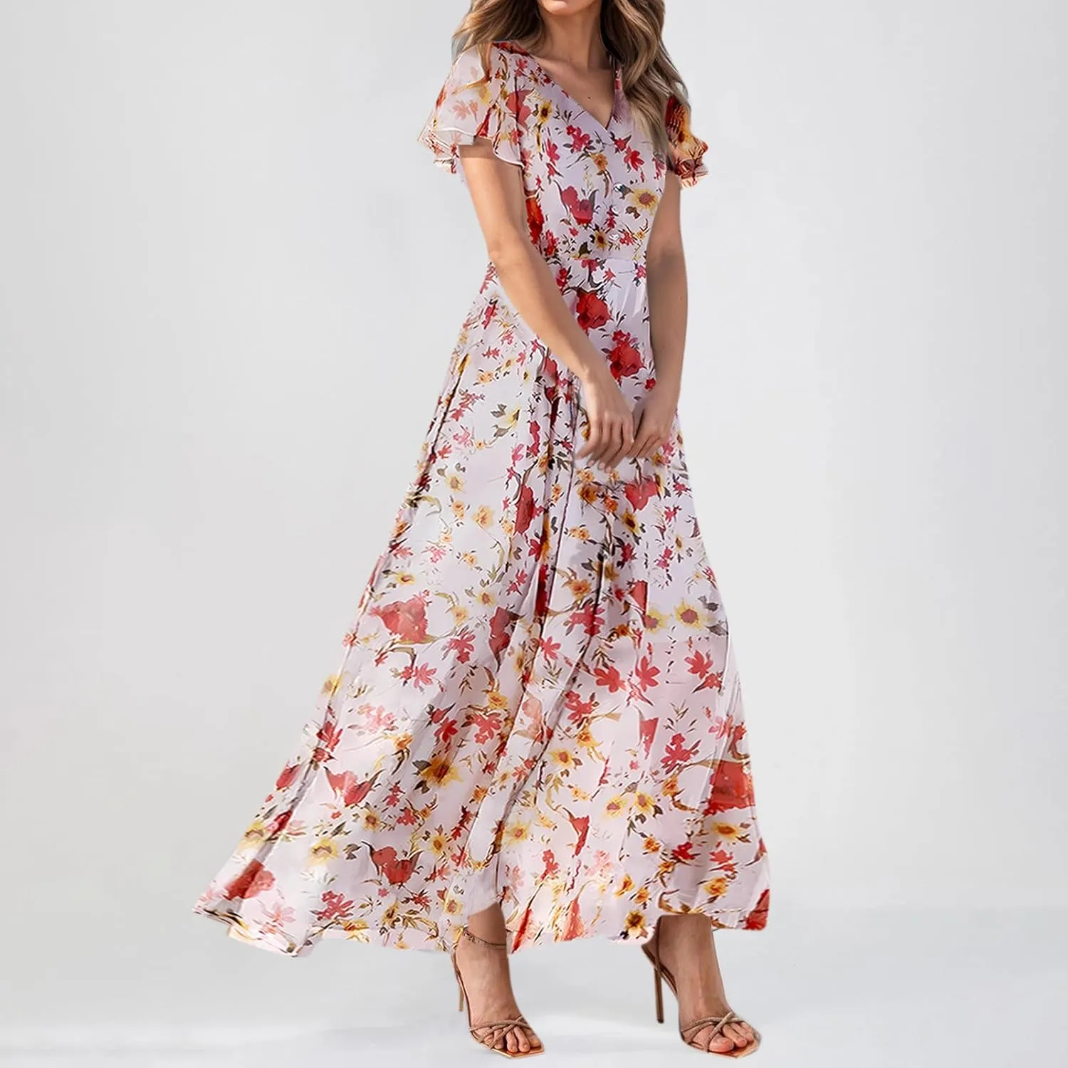 Summer Dresses for Women 2025,Wedding Guest Flowy Women's Casual Dresses Semi Formal Floral Maxi Dress Short Sleeve