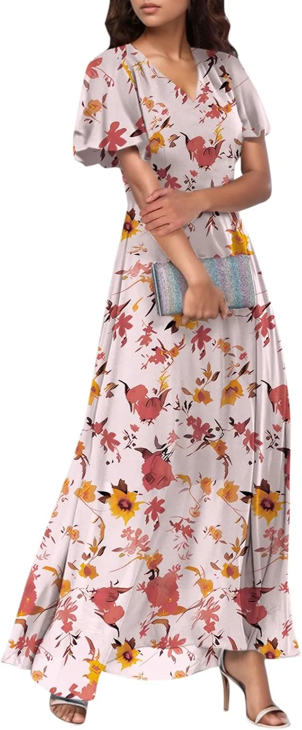 Summer Dresses for Women 2025,Wedding Guest Flowy Women's Casual Dresses Semi Formal Floral Maxi Dress Short Sleeve