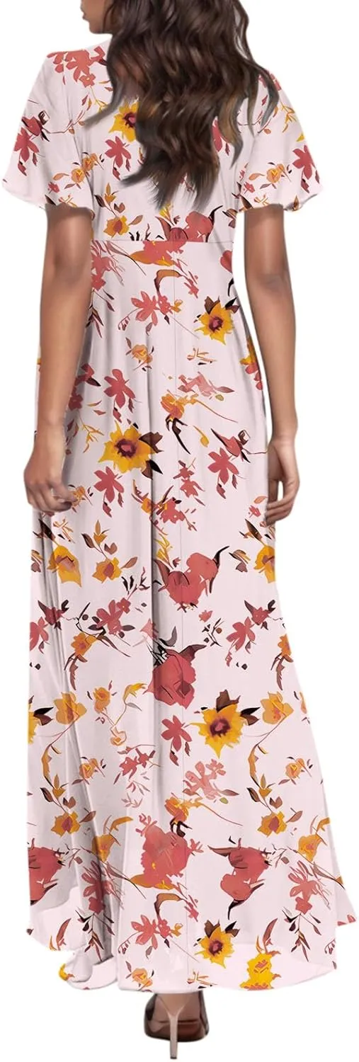 Summer Dresses for Women 2025,Wedding Guest Flowy Women's Casual Dresses Semi Formal Floral Maxi Dress Short Sleeve