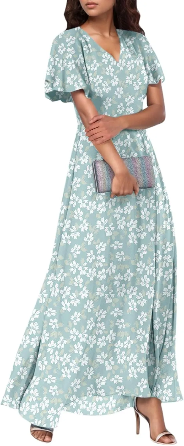 Summer Dresses for Women 2025,Wedding Guest Flowy Women's Casual Dresses Semi Formal Floral Maxi Dress Short Sleeve