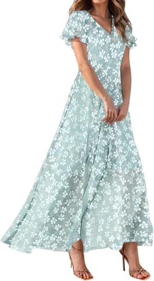 Summer Dresses for Women 2025,Wedding Guest Flowy Women's Casual Dresses Semi Formal Floral Maxi Dress Short Sleeve