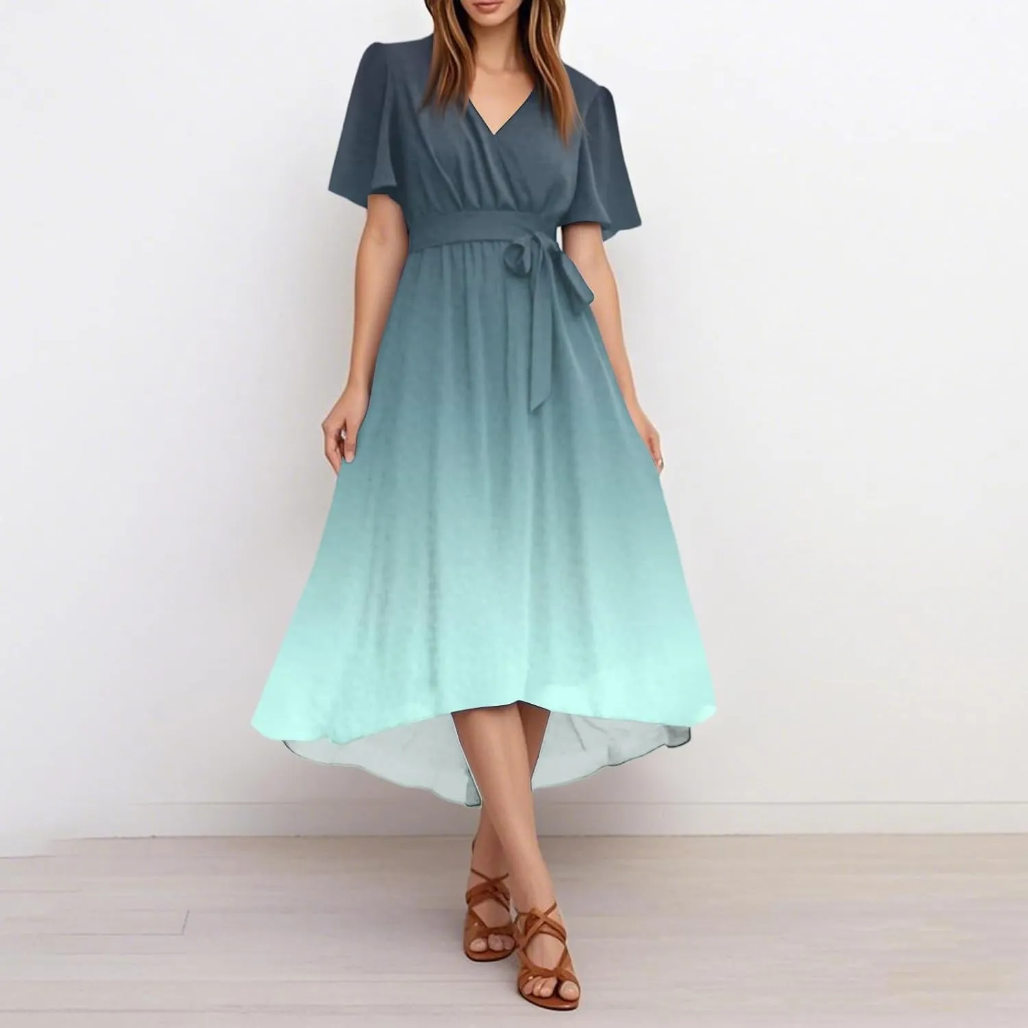 Summer Dresses for Women Boho Floral Printed Dresses 2025 Elegant V Neck Belted Wedding Prom Cocktail Midi Dress
