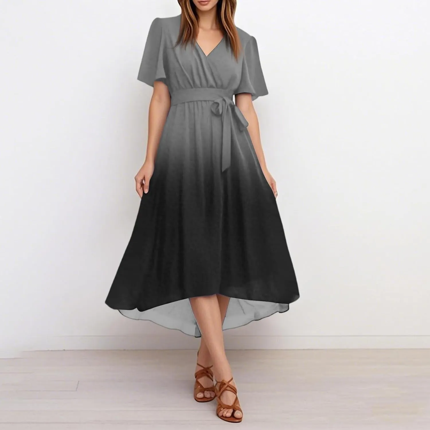 Summer Dresses for Women Boho Floral Printed Dresses 2025 Elegant V Neck Belted Wedding Prom Cocktail Midi Dress
