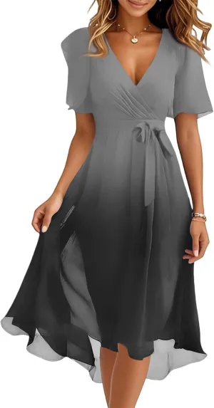 Summer Dresses for Women Boho Floral Printed Dresses 2025 Elegant V Neck Belted Wedding Prom Cocktail Midi Dress