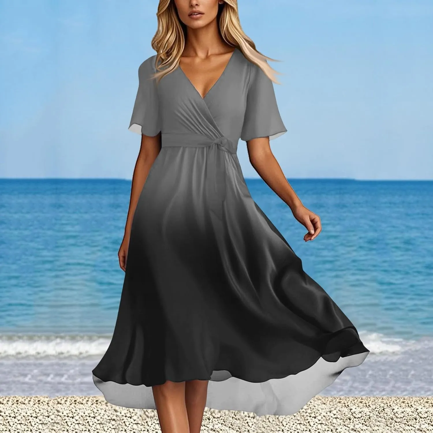 Summer Dresses for Women Boho Floral Printed Dresses 2025 Elegant V Neck Belted Wedding Prom Cocktail Midi Dress