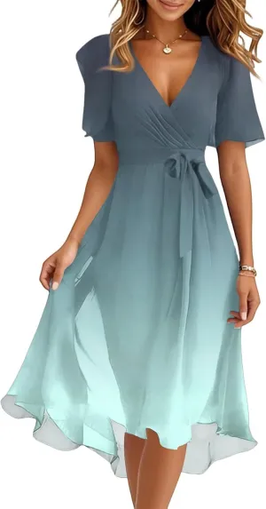 Summer Dresses for Women Boho Floral Printed Dresses 2025 Elegant V Neck Belted Wedding Prom Cocktail Midi Dress