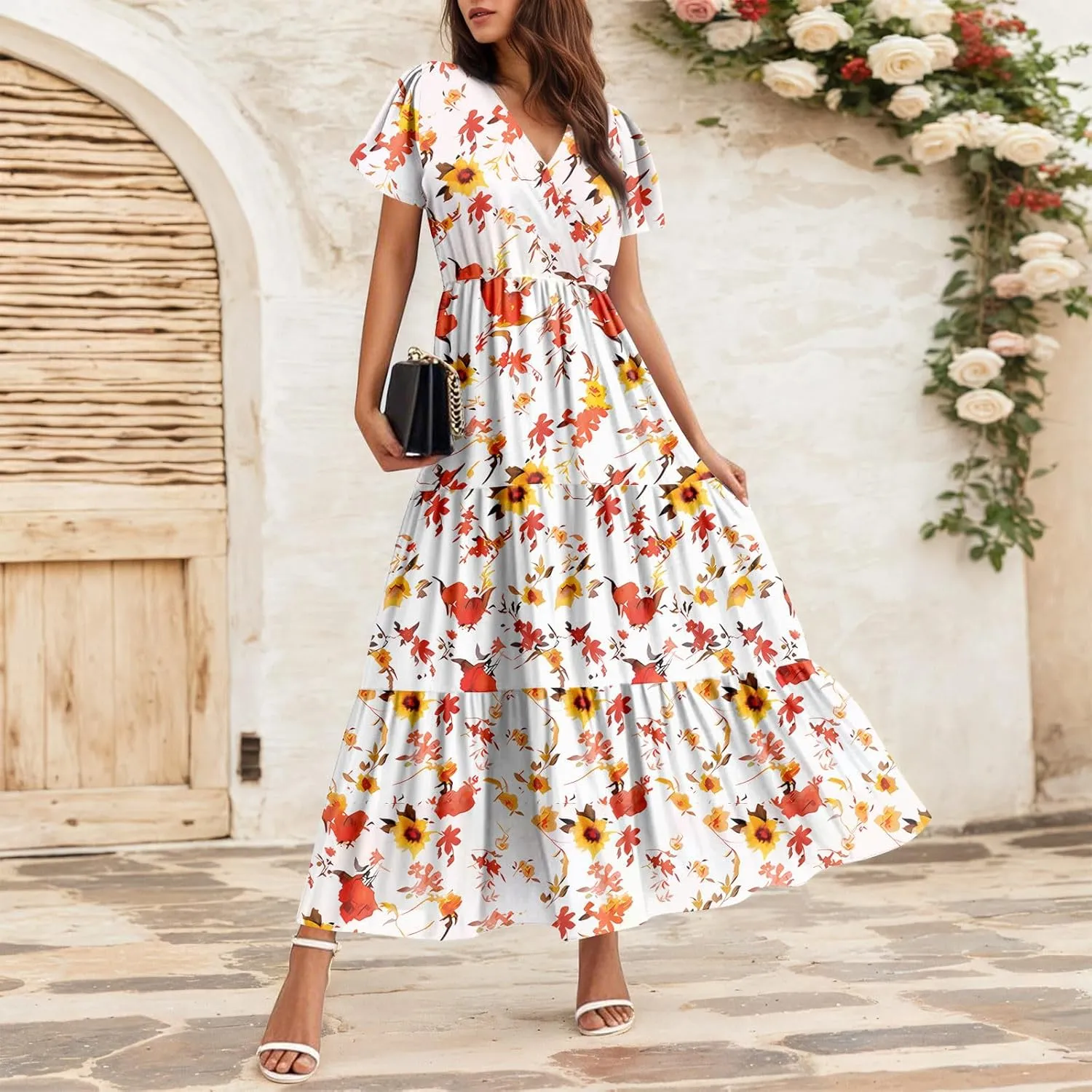 Summer Dresses for Women Boho Maxi Dresses Casual V Neck Short Sleeve A-line Empire Waist Long Flowy Beach Dress