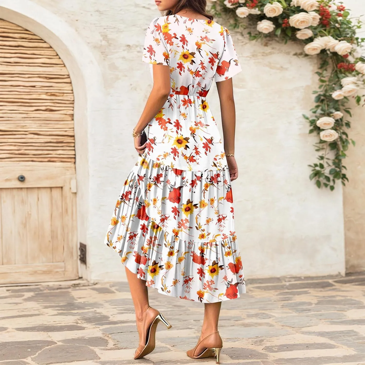 Summer Dresses for Women Boho Maxi Dresses Casual V Neck Short Sleeve A-line Empire Waist Long Flowy Beach Dress