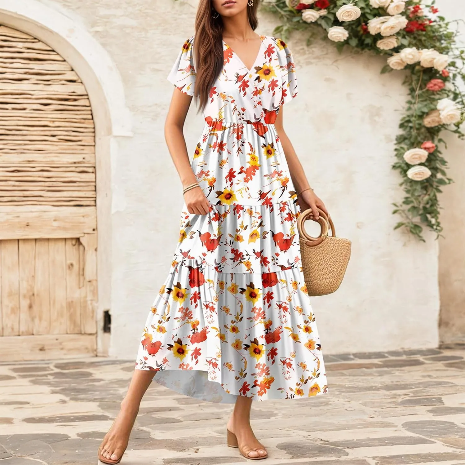Summer Dresses for Women Boho Maxi Dresses Casual V Neck Short Sleeve A-line Empire Waist Long Flowy Beach Dress