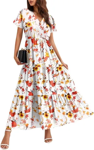 Summer Dresses for Women Boho Maxi Dresses Casual V Neck Short Sleeve A-line Empire Waist Long Flowy Beach Dress