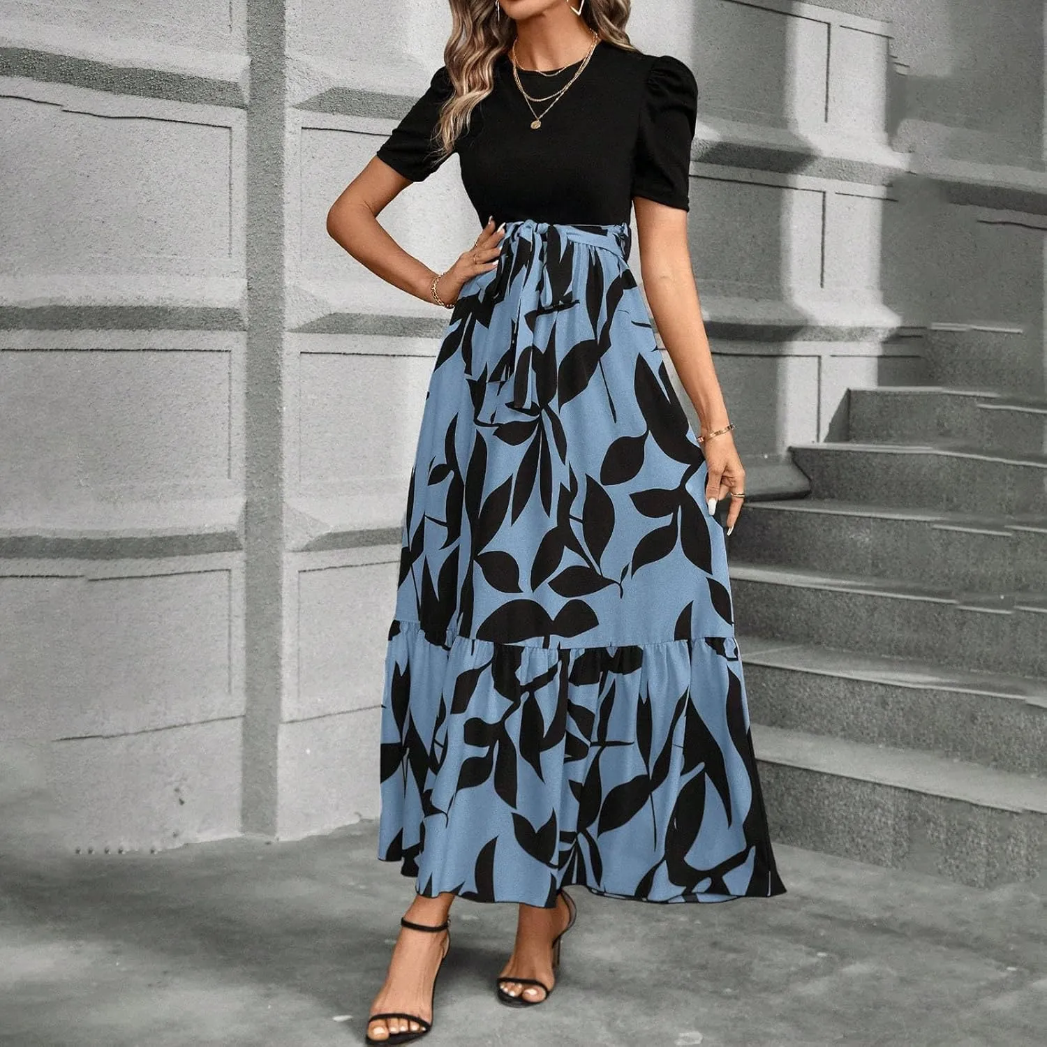 Summer Dresses for Women Casual Elegant Dress with Belt A-Line Floral Printrd Long Dress Flowy High Waist Maxi Dress