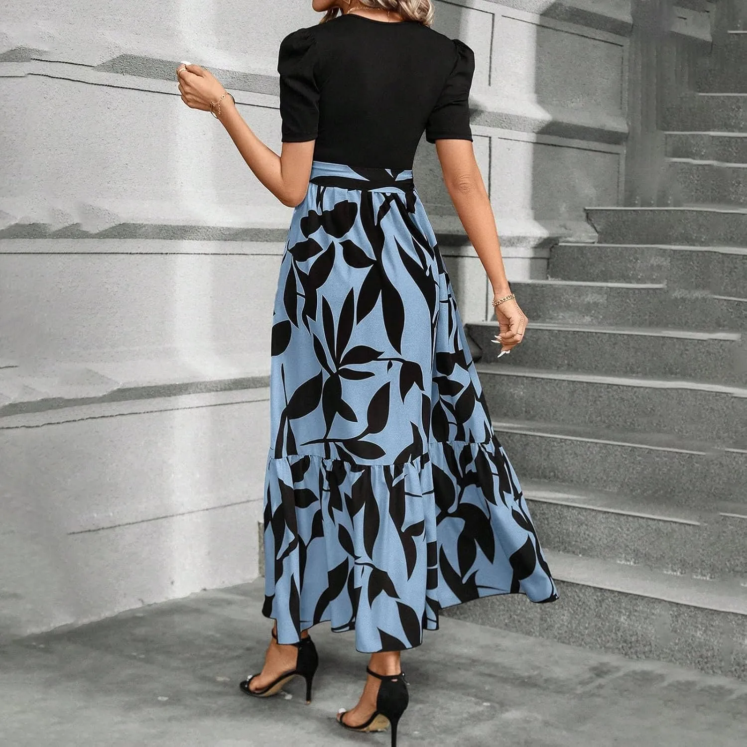 Summer Dresses for Women Casual Elegant Dress with Belt A-Line Floral Printrd Long Dress Flowy High Waist Maxi Dress