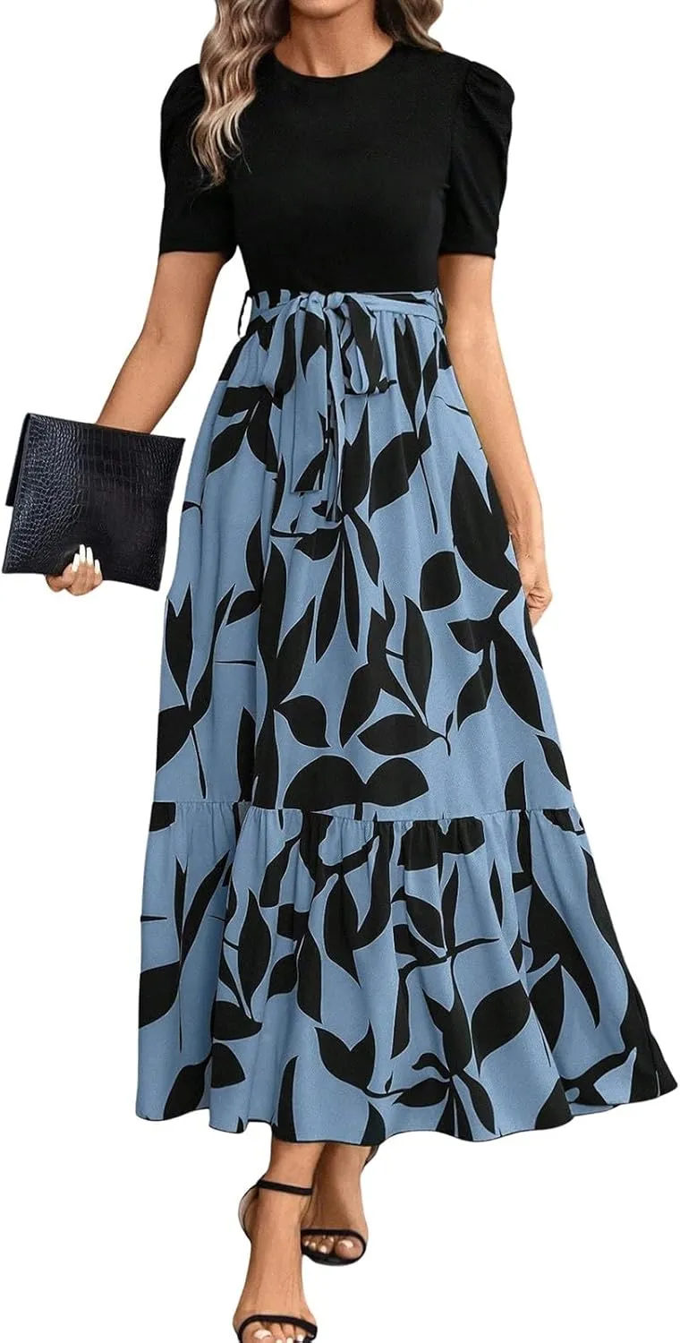 Summer Dresses for Women Casual Elegant Dress with Belt A-Line Floral Printrd Long Dress Flowy High Waist Maxi Dress