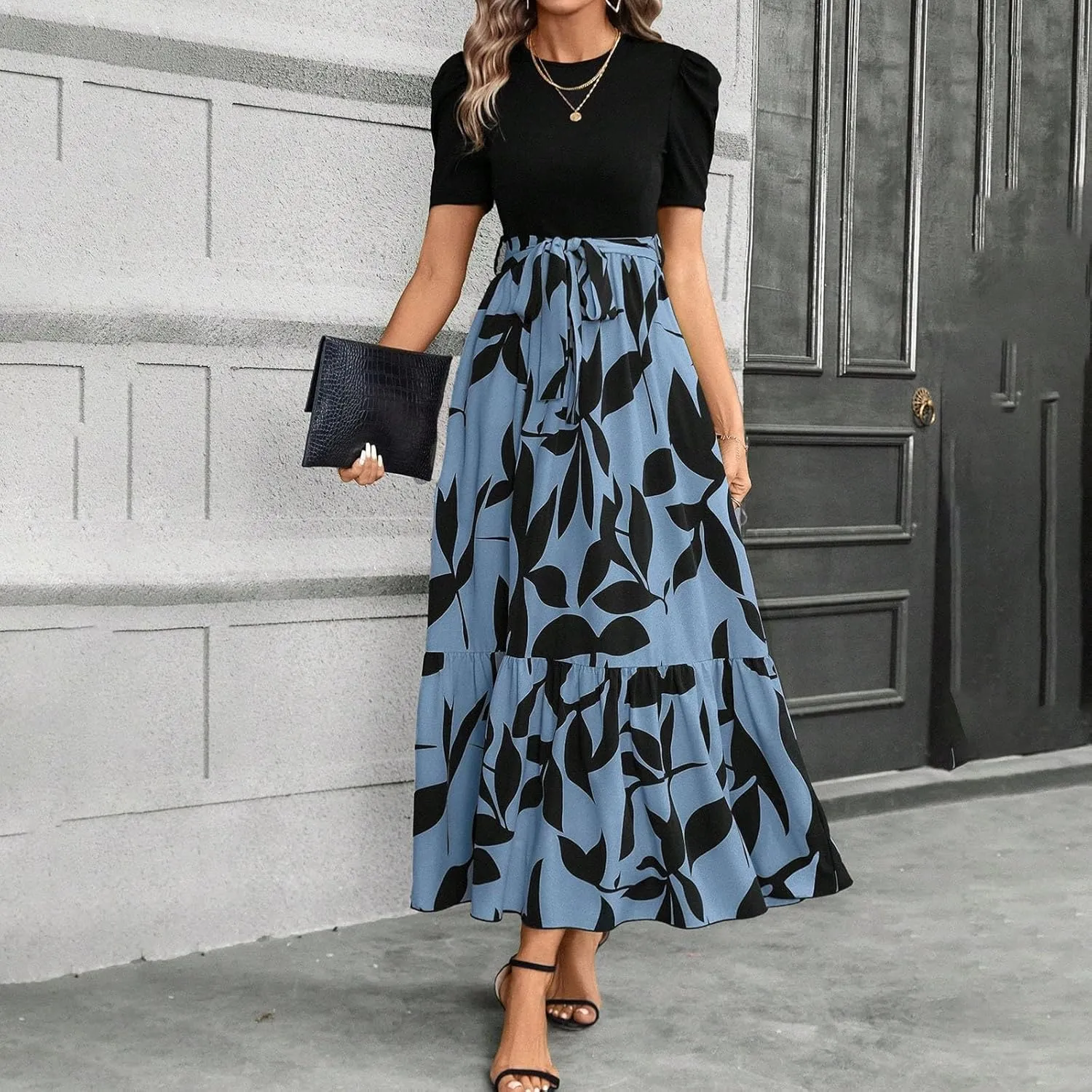 Summer Dresses for Women Casual Elegant Dress with Belt A-Line Floral Printrd Long Dress Flowy High Waist Maxi Dress