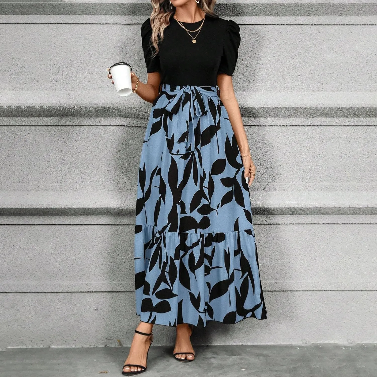Summer Dresses for Women Casual Elegant Dress with Belt A-Line Floral Printrd Long Dress Flowy High Waist Maxi Dress