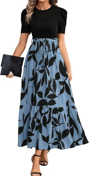 Summer Dresses for Women Casual Elegant Dress with Belt A-Line Floral Printrd Long Dress Flowy High Waist Maxi Dress