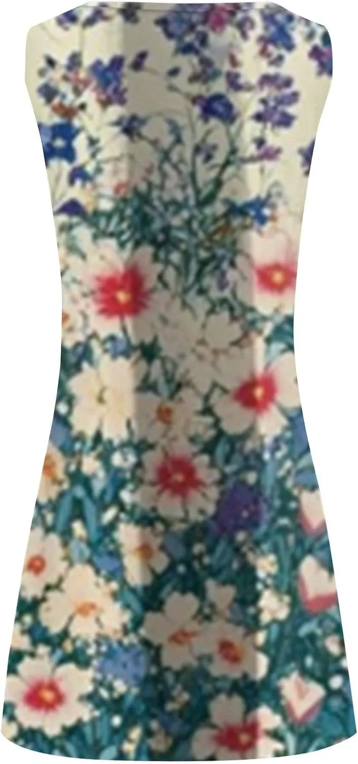 Summer Dresses for Women Casual Sleeveless Sundress Floral Loose Fit Beach Cover Up T Shirt Dresses with Pocket