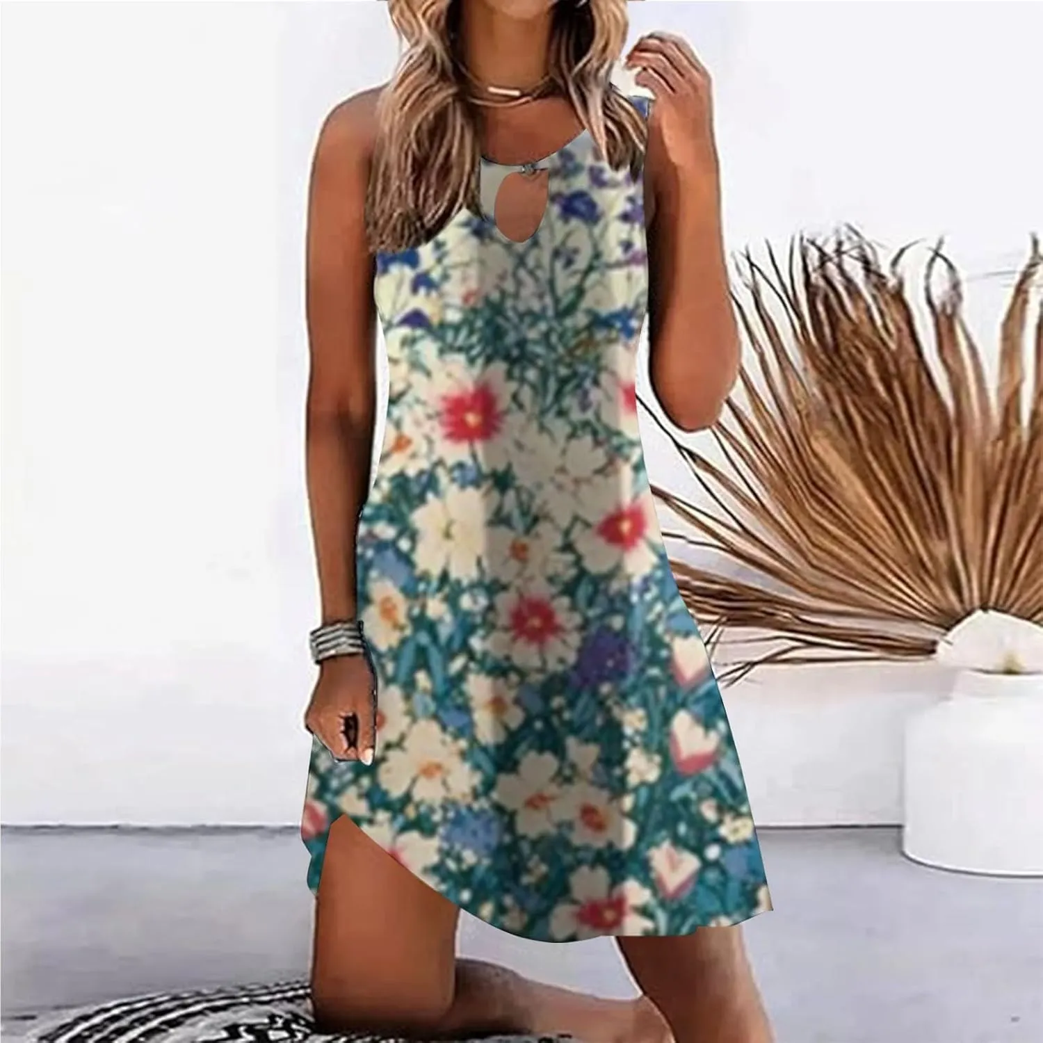 Summer Dresses for Women Casual Sleeveless Sundress Floral Loose Fit Beach Cover Up T Shirt Dresses with Pocket