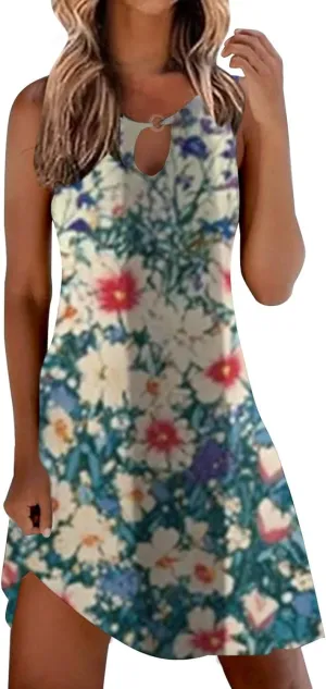 Summer Dresses for Women Casual Sleeveless Sundress Floral Loose Fit Beach Cover Up T Shirt Dresses with Pocket
