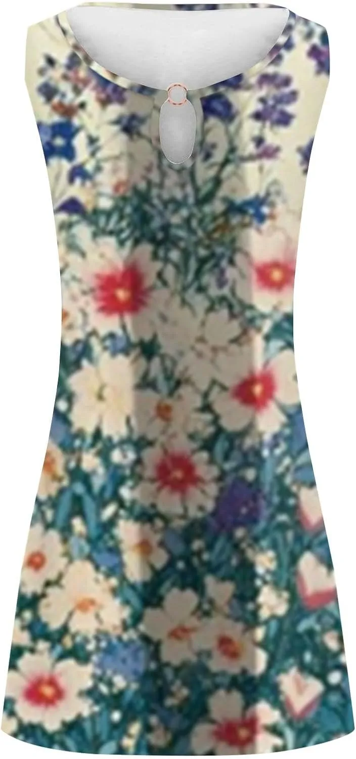 Summer Dresses for Women Casual Sleeveless Sundress Floral Loose Fit Beach Cover Up T Shirt Dresses with Pocket