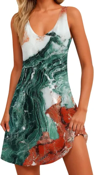 Summer Dresses for Women Sleeveless V Neck Swimsuit Coverup 2025 Casual Dress with Pocket Printed Vacation Sundress