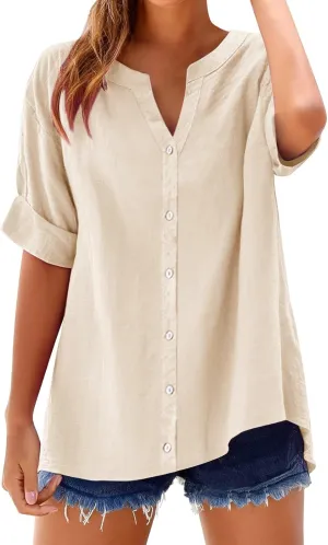 Summer Linen Work Tops for Women 2025 Trendy Button Down Plus Size V Neck Boho Clothes Spring Tops for Women
