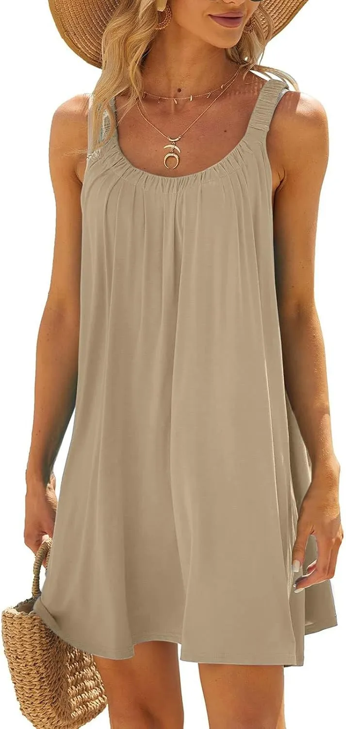 Sun Dresses for Women 2025 Summer Vacation Pleated Dress Trendy Spring Beach Coverups Sleeveless Tank Tshirt Sundress