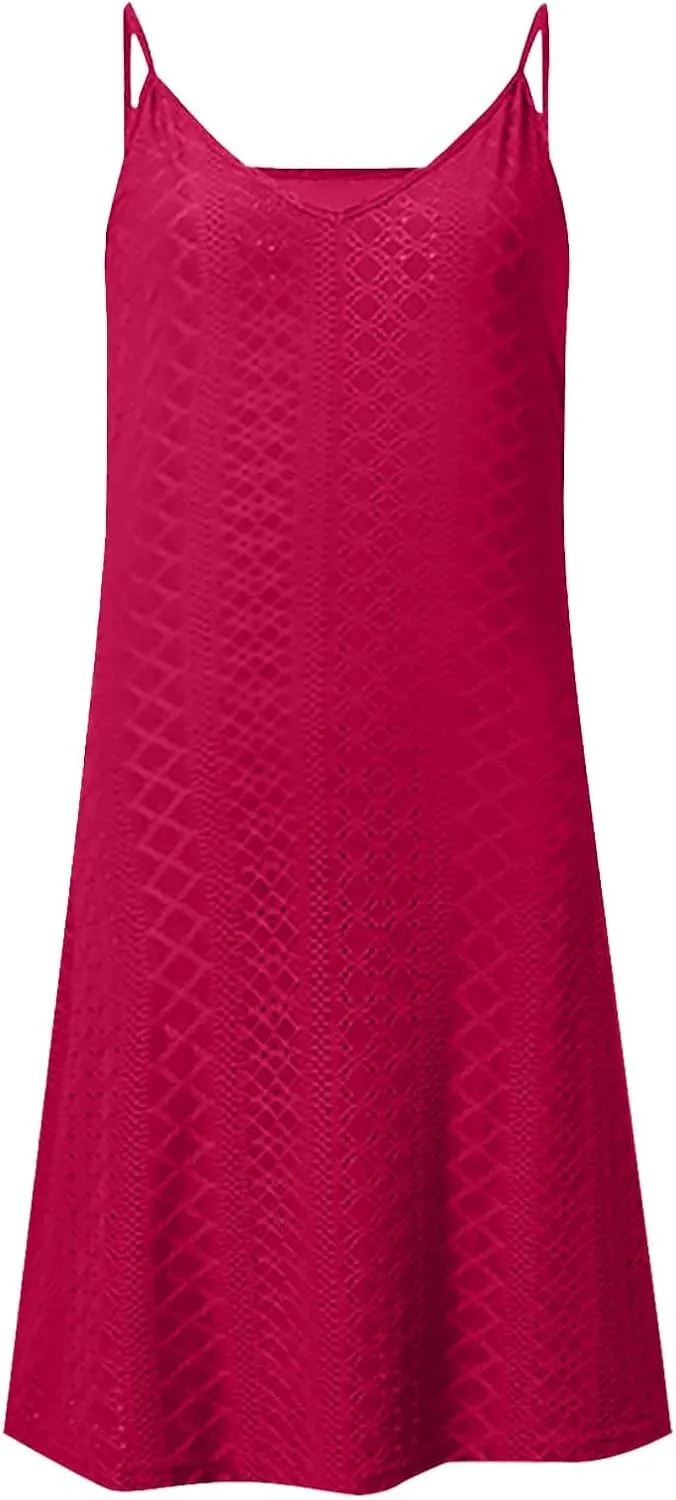 Sundresses for Women Crochet Hollow Out Summer Cover Up Beach V Neck Sleeveless Dress Swimsuit Coverup with Pockets